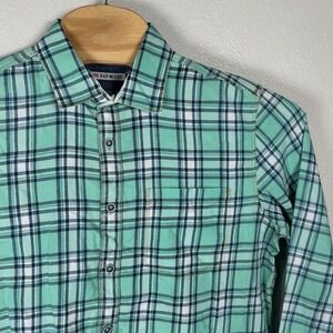 32 Bar Blues Shirt Mens Sz Medium Green Blue Plaid Cotton Long Sleeve Button Up